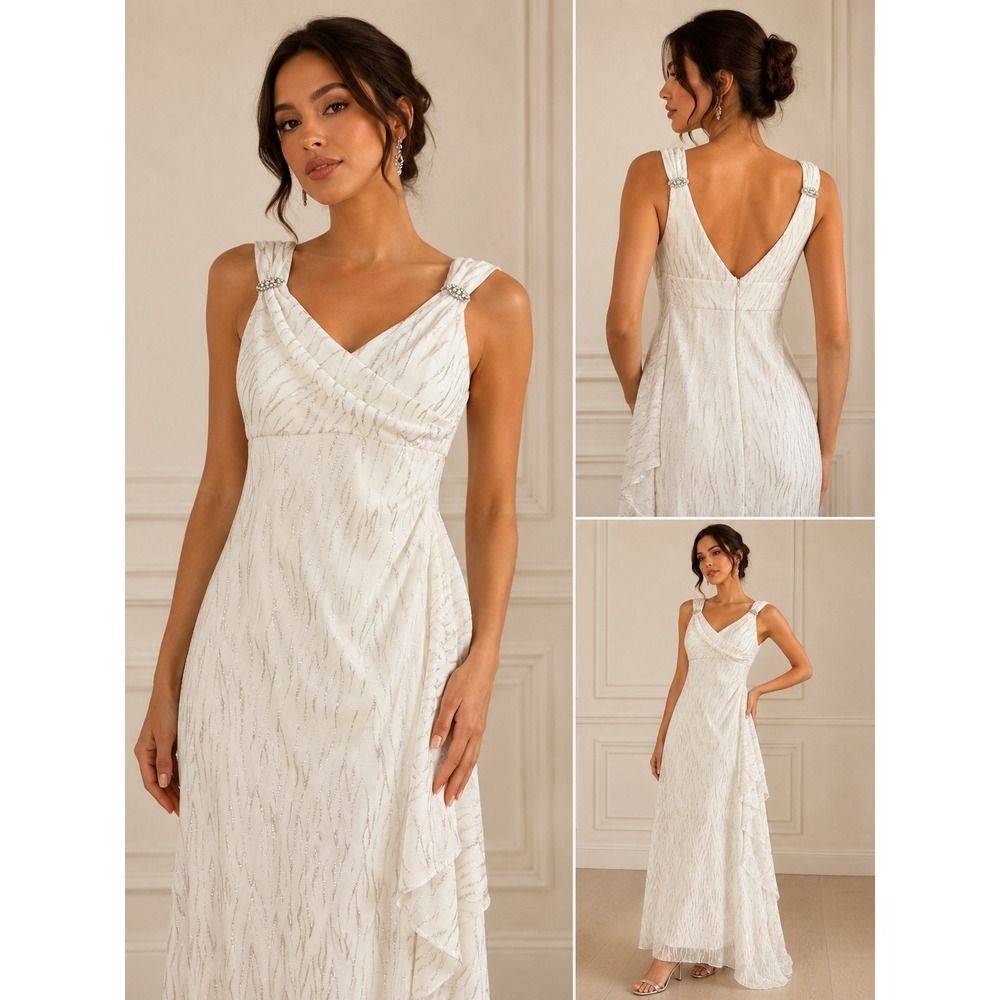 R&M Richards Petite White Silver Glitter Ruffle Formal Gown Dress 4P